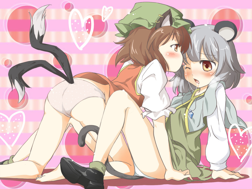 all_fours animal_ears ass blush brown_hair cat_ears cat_tail chen duplicate earrings fuyutarou grey_hair heart highres jewelry mouse_ears mouse_tail multiple_girls multiple_tails nazrin no_pants panties pendant saliva saliva_trail short_hair tail touhou underwear yellow_eyes yuri