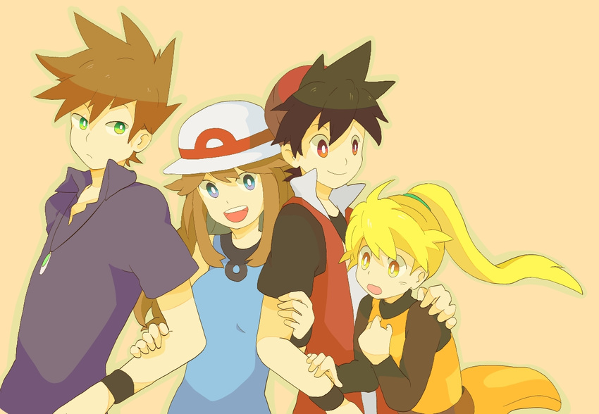 2boys 2girls baseball_cap blue_(pokemon) green_eyes hat jewelry multiple_boys multiple_girls necklace ookido_green pokemon pokemon_(game) pokemon_firered_and_leafgreen pokemon_rgby pokemon_special pokemon_yellow ponytail red_(pokemon) red_eyes yellow_(pokemon)