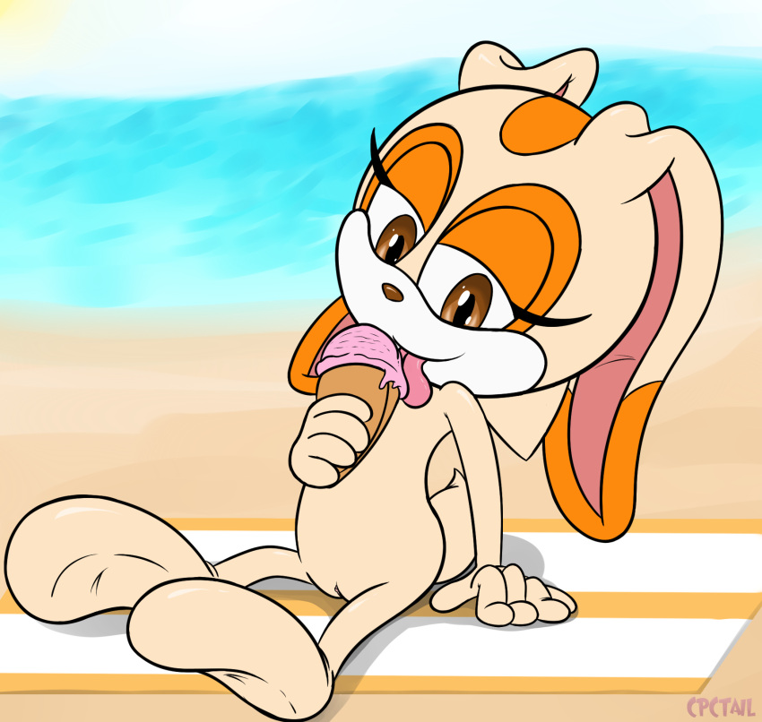 anthro beach_towel cpctail cream_the_rabbit female fur genitals hi_res humanoid_genitalia lagomorph leporid looking_at_viewer mammal paws pussy rabbit sega smile solo sonic_the_hedgehog_(series) towel