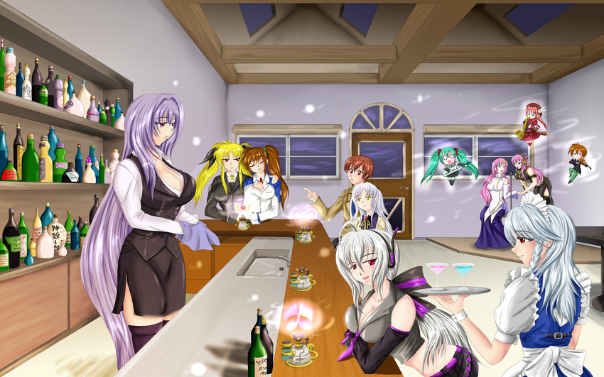 ahoge alcohol angel_beats! apron aqua_hair bar bartender beer black_thighhighs blazer blonde blue_eyes braid breasts brown_eyes brown_hair character_request chibi cleavage dress eyes_closed glass gundam gundam_seed gundam_seed_destiny hair_ribbon hatsune_miku high_res holding_hands huge_breasts izayoi_sakuya lacus_clyne large_breasts long_hair mahou_shoujo_lyrical_nanoha mahou_shoujo_lyrical_nanoha_a's mahou_shoujo_lyrical_nanoha_strikers maid maid_headdress megurine_luka military_uniform oppai otonashi_(angel_beats!) pants pink_hair plate pointing ponytail purple_eyes purple_hair red_eyes ribbon school_uniform shirt side_ponytail silver_hair sitting skirt sleeveless smile takamachi_nanoha tenshi_(angel_beats!) thighhighs touhou twin_tails very_long_hair vest vita vocaloid white_eyes white_hair wine wine_glass yellow_eyes yowane_haku