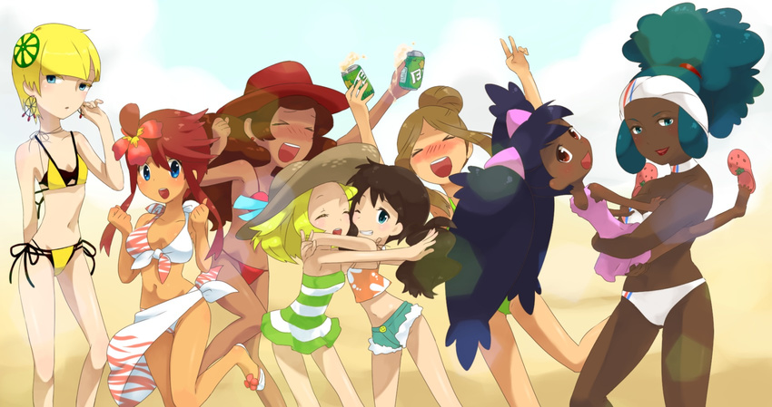 &gt;_&lt; 6+girls 8girls alcohol aloe_(pokemon) bare_shoulders beach beer bel_(pokemon) bell_(pokemon) bikini blonde_hair blue_eyes blush breasts brown_hair character_request cleavage closed_eyes collarbone dark_skin dress drunk eyes_closed flat_chest flower fuuro_(pokemon) green_eyes green_hair gym_leader gym_leaders hair_flower hair_ornament happy hat headband highres hips holding hug hugging iris_(pokemon) jewelry kamitsure_(pokemon) knees large_breasts legs long_hair midriff mother_and_daughter multiple_girls navel necklace nintendo npc npc_trainer one-piece_swimsuit open_mouth peace pkmn_ranger_(pokemon) pokemon pokemon_(game) pokemon_black_and_white pokemon_bw pokemon_ranger pokemon_ranger_(npc) ponytail purple_hair sarong shoes short_hair shorts side_ponytail small_breasts smile suzumiyu swimmer_(pokemon) swimsuit teeth touko_(pokemon) trainer_class twintails v white_(pokemon) wink