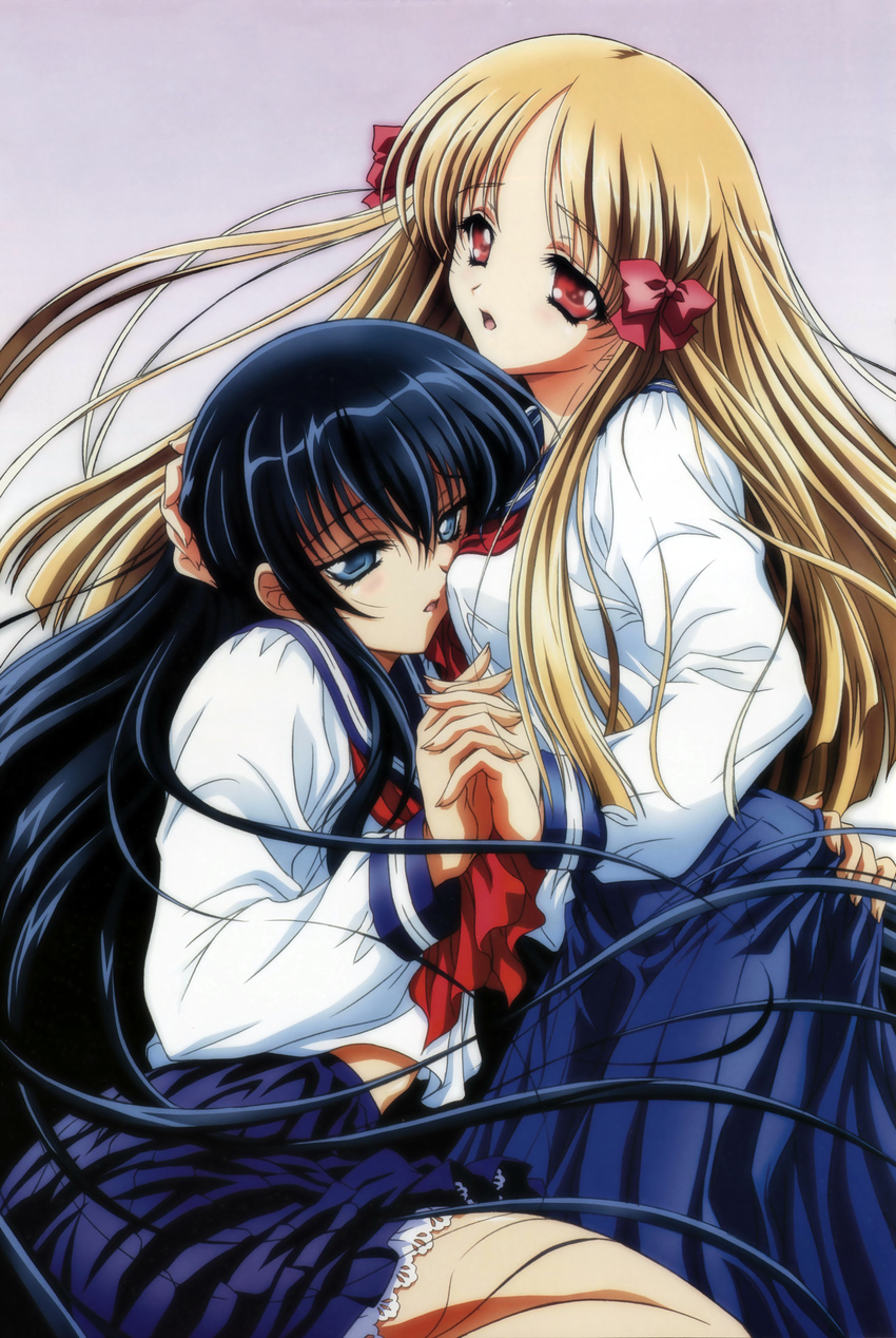 2girls absurdres artbook ass ass_grab azuma_hatsumi azuma_hazuki blonde_hair blue_hair couple fixed highres hug long_hair multiple_girls nishida_asako pleated_skirt scan school_uniform serafuku simple_background skirt touching very_long_hair yami_to_boushi_to_hon_no_tabibito yuri