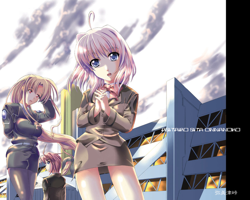 2girls :o ahoge black_legwear blonde_hair building caro_ru_lushe contrapposto erio_mondial fate_testarossa long_sleeves looking_at_viewer lyrical_nanoha mahou_shoujo_lyrical_nanoha_strikers military military_uniform multiple_girls no_pants ootori_mahiro outdoors pantyhose parody pink_hair short_hair standing tsab_executive_military_uniform tsab_ground_military_uniform uniform