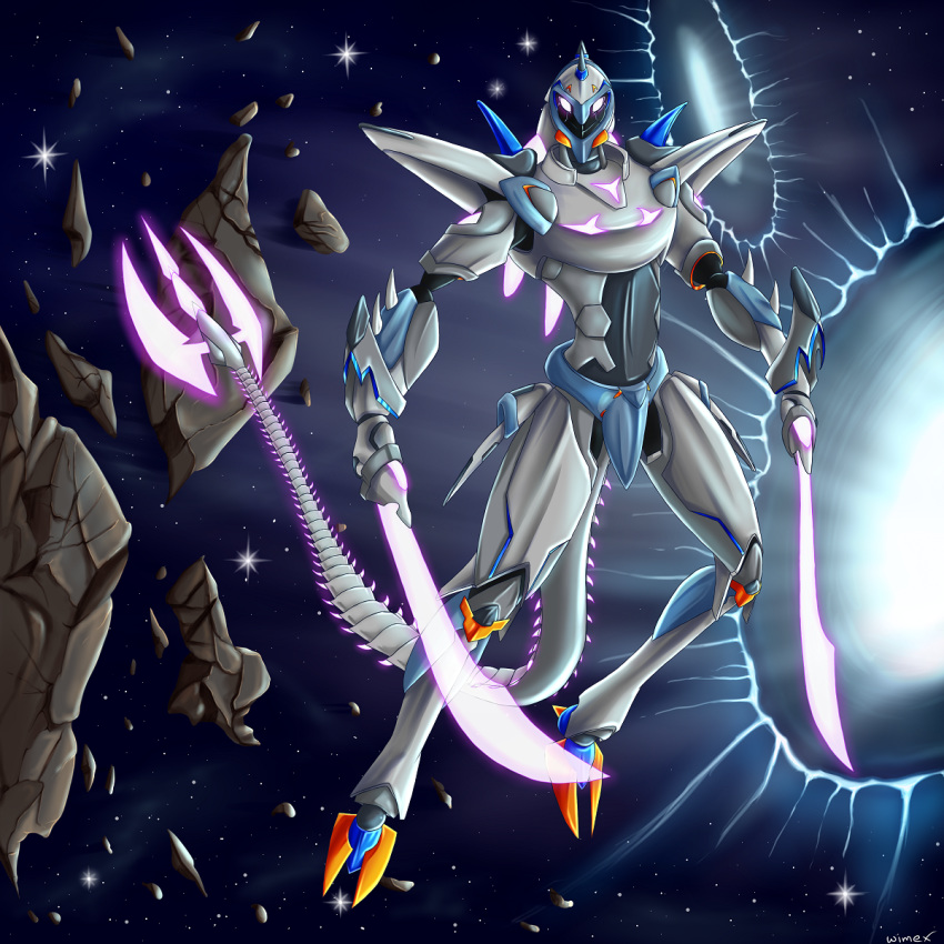 dual_wielding energy_sword glowing glowing_eyes highres holding holding_sword holding_weapon lady-yuna7 looking_at_viewer mecha no_humans no_pupils portal_(object) purple_eyes sincline_(mecha) space star sword tagme tail voltron:_legendary_defender weapon