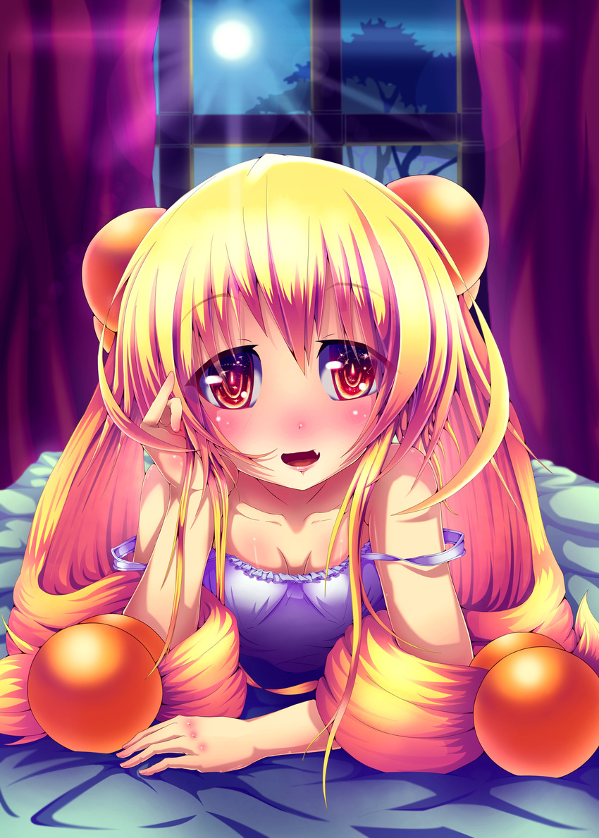 :d bad_id bad_pixiv_id bed bed_sheet blonde_hair blush brown_eyes curtains fang full_moon hair_bobbles hair_ornament highres kodomo_no_jikan kokonoe_rin long_hair lying moon night night_sky on_stomach open_mouth pinky_out re:n_ne sky smile solo strap_slip tree twintails window