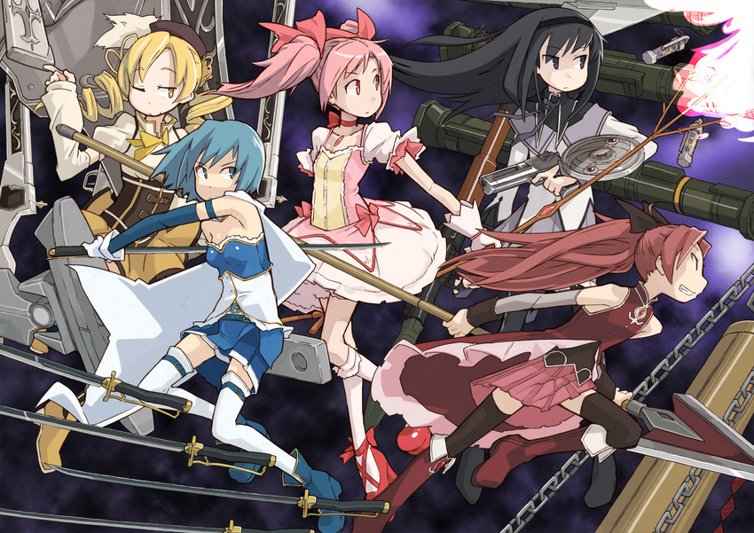 akemi_homura at4 bazooka beret boots chain detached_sleeves drill_hair gun hair_ornament hairpin handgun hat kaname_madoka magical_girl magical_musket mahou_shoujo_madoka_magica miki_sayaka multiple_girls one_eye_closed pistol pleated_skirt polearm puffy_sleeves ribbon rifle rocket_launcher sakura_kyouko shield shoes skirt spear sword thighhighs tomoe_mami tugeneko twin_drills twintails weapon zettai_ryouiki