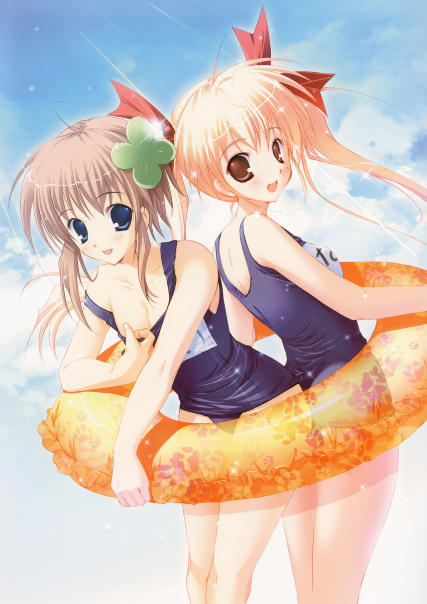 :p absurdres blonde_hair blue_eyes breasts brown_eyes brown_hair cleavage company_connection crossover hair_ornament highres innertube konneko long_hair marmalade_(company) mikeou minamino_nanami miraroma multiple_girls one-piece_swimsuit school_swimsuit shared_innertube small_breasts swimsuit swimsuit_pull takahara_ai tongue tongue_out twintails