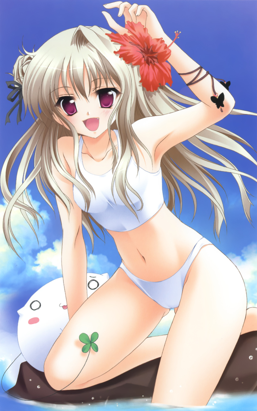 :d absurdres aozora_no_mieru_oka bikini blonde_hair clover creature flower four-leaf_clover hair_flower hair_ornament hayami_iori hibiscus highres izumi_tsubasu navel open_mouth red_eyes smile solo swimsuit tankini white_hair