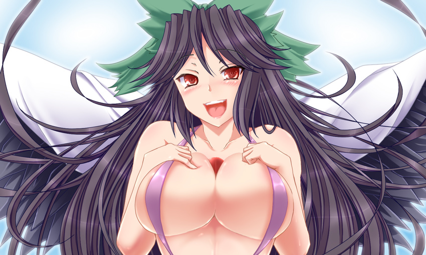 bow breasts brown_hair cape hair_bow large_breasts long_hair negamaro red_eyes reiuji_utsuho slingshot_swimsuit solo swimsuit third_eye touhou upper_body wings