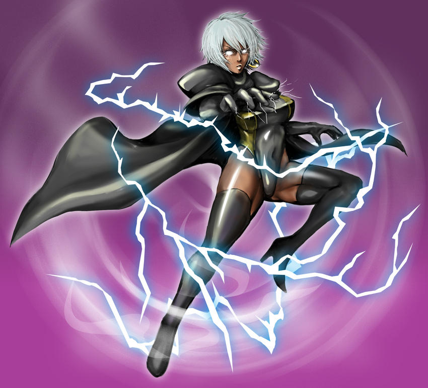 cape dark_skin flying highres leotard lightning marvel no_pupils reaching shibusun short_hair silver_hair solo storm_(x-men) very_dark_skin x-men