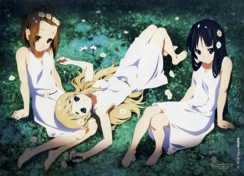 absurdres akiyama_mio armpits barefoot black_hair blonde_hair blue_eyes brown_eyes brown_hair dress face feet flower hair_flower hair_ornament hands highres k-on! kotobuki_tsumugi long_hair lying megami multiple_girls official_art on_back short_hair smile sundress tainaka_ritsu takemoto_yasuhiro