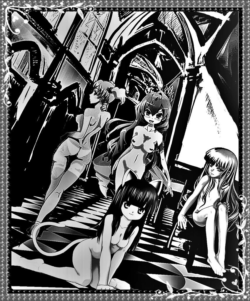 all_fours black blush bordered_image cathedral chapel chequered_floor edit four girls hair_bands long_hair looking_at_viewer looking_over_shoulder nekomimi nipples oppai photoshop scenary sitting_on_chair smiling teasing twin_tail white