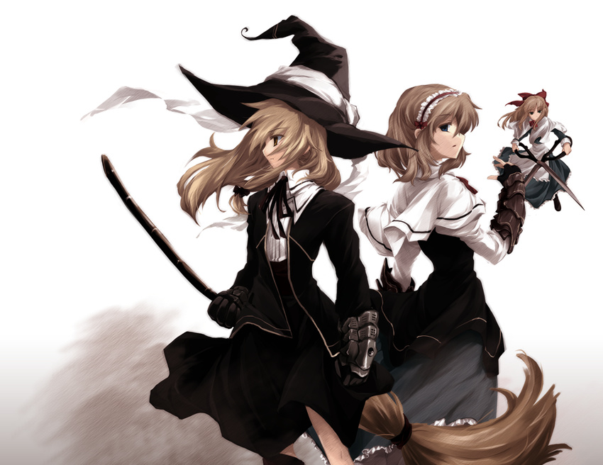 alice_margatroid alternate_costume back-to-back blonde_hair broom gauntlets glowing hairband hat kirisame_marisa long_hair looking_away multiple_girls namatarou scissors shanghai_doll short_hair touhou witch_hat