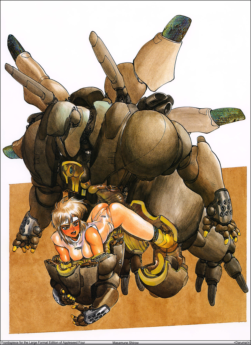 80s all_fours appleseed ass bent_over breasts brown_eyes brown_hair deunan_knute headband highres intron_depot large_breasts leotard mecha oldschool shirou_masamune short_hair solo