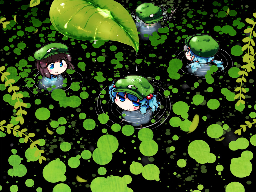 blue_dress blue_eyes blue_hair bob_cut brown_hair dark_haired_kappa dress extra glasses_kappa hair_bobbles hair_ornament hair_ribbon hair_tie_kappa hat jitome kappa_mob kawashiro_nitori leaf lily_pad multiple_girls okome_(kome_kuma) partially_submerged ribbon smile swimming touhou two_side_up water water_drop