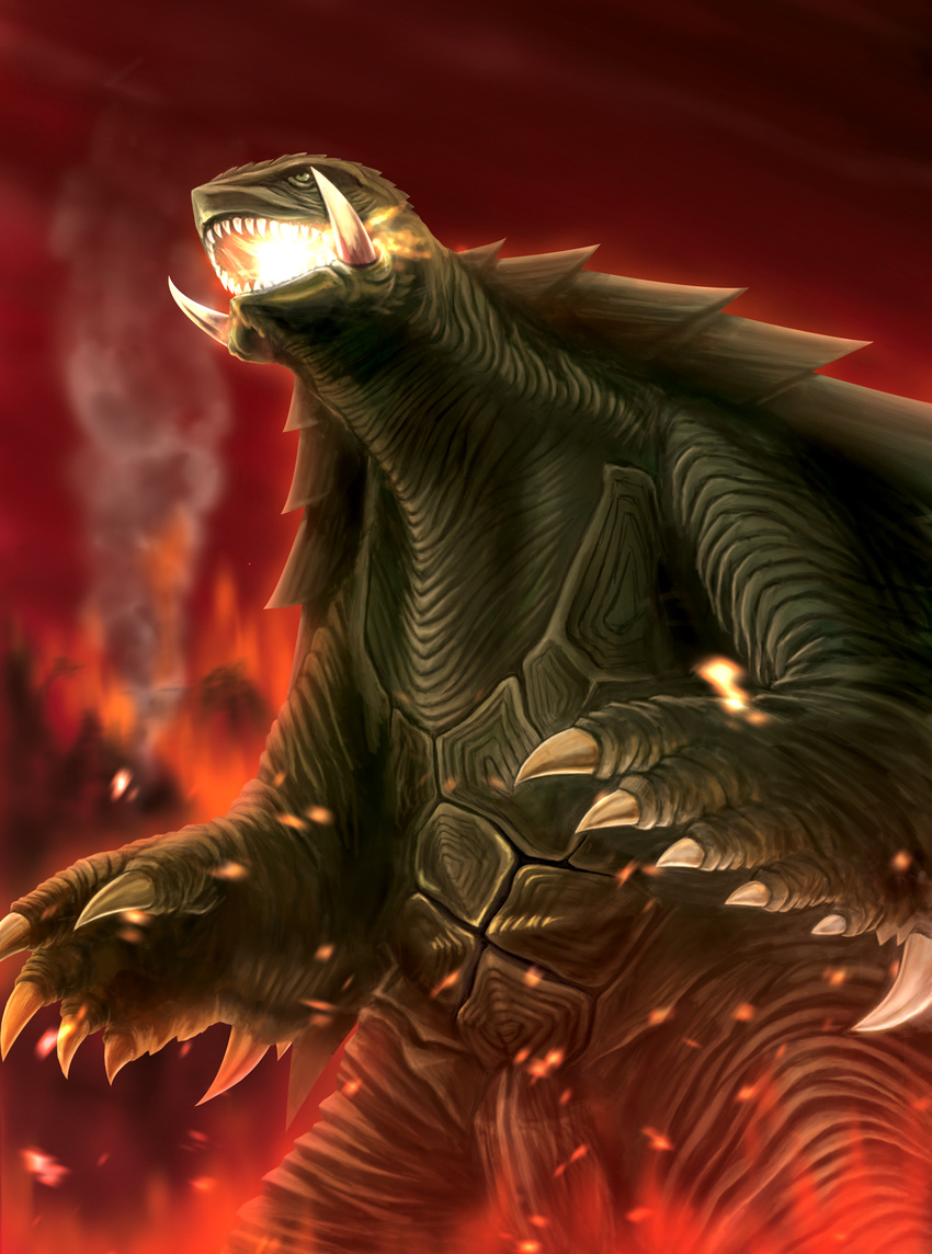 bad_pixiv_id breathing_fire claws fire gamera gamera_(series) highres hiro_(hibikigaro) kaijuu no_humans tusks