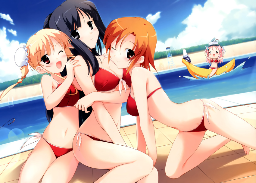 4girls absurdres banana banana_boat bikini black_eyes black_hair blonde_hair blush brown_eyes cuddling fixed food front-tie_top fruit fujiwara_warawara highres hiinoki_suzuri hoshina_nanami long_hair mizugi multiple_girls navel overfiltered pink_hair pool poolside red_eyes red_hair shirokuma_bellstars short_hair side-tie_bikini smile swimsuit tsukimori_ririka waniguchi_kirara water wink