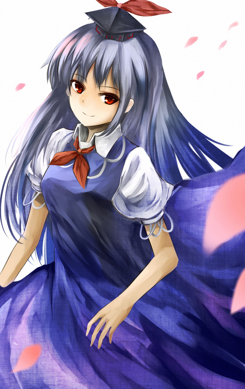 bad_id bad_pixiv_id blue_dress blue_hair breasts cherry_blossoms dress hat highres kamishirasawa_keine long_hair medium_breasts metalwasabi petals red_eyes silver_hair smile solo tokin_hat touhou