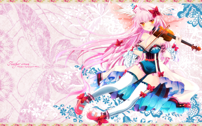 bare_shoulders bow breasts cleavage collaboration detached_sleeves frilled_sleeves frills hair_bow hair_ribbon head_wings highres hiiragi_ryou ichiyou_moka instrument large_breasts long_hair mary_janes original pink_hair ribbon shoes solo thighhighs very_long_hair violin wallpaper white_legwear yellow_eyes