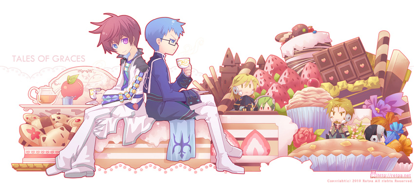 ahoge apple asbel_lhant black_hair blonde_hair blue_eyes blue_hair brothers cake candy character_doll checkerboard_cookie chibi chocolate coat cookie crossed_legs cup cupcake doll drink food frown fruit full_body glasses green_hair heart heterochromia hubert_ozwell kettle kurt_(tales) lambda_(tales) male_focus malik_caesars multiple_boys pants pocky purple_eyes red_hair retpa richard_(tales) shoes siblings sitting smile strawberry tales_of_(series) tales_of_graces teacup wafer_stick white_background