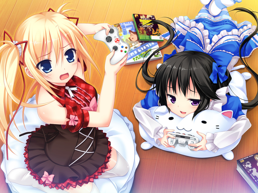 2girls black_hair blonde blue_eyes console game_cg lolita_fashion long_hair luna_lia makita_maki mecha-con! open_mouth purple_eyes sawatari_saki twin_tails xbox yatake_tsubaki