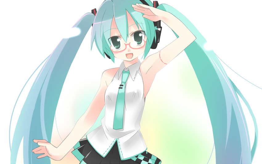 :d aqua_eyes aqua_hair arata_toshihira arm_up armpits bespectacled glasses hatsune_miku headphones highres long_hair necktie open_mouth skirt smile solo twintails very_long_hair vocaloid vocaloid_(lat-type_ver)