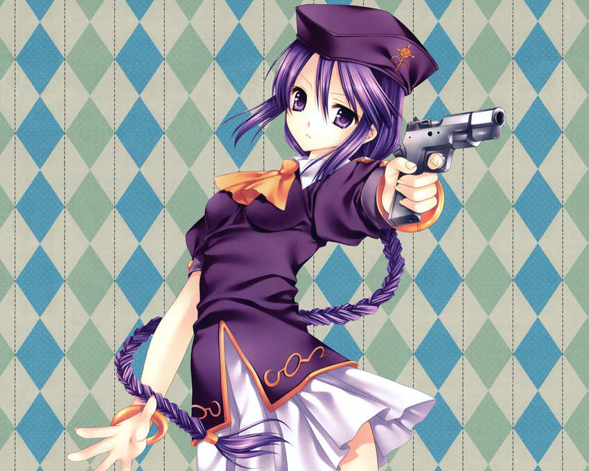 gun melty_blood purple_eyes purple_hair shingetsutan_tsukihime sion_eltnam_atlasia skirt tatekawa_mako weapon