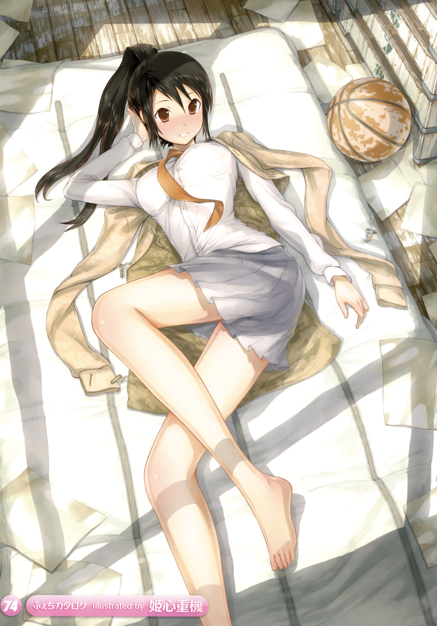 :d absurdres artist_name ass ball bangs barefoot basketball black_hair blush breasts brown_eyes buttons coat covered_nipples drawstring dress_shirt feet from_above full_body grin gym_storeroom hair_between_eyes hand_on_own_head hand_up high_ponytail highres indoors jacket_on_shoulders large_breasts legs long_hair long_legs long_ponytail long_sleeves looking_at_viewer lying mat miniskirt necktie nose_blush on_side open_clothes open_coat open_mouth orange_neckwear original page_number paper pleated_skirt ponytail princess_spirit scan school_uniform shade shirt skirt smile solo translated vaulting_horse white_shirt window_shade wooden_floor
