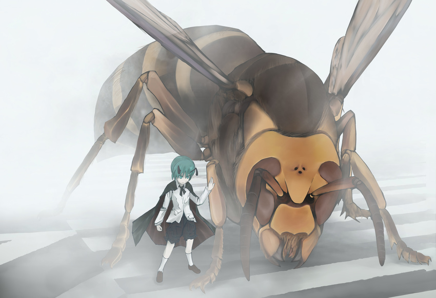 absurdres antennae bug cape dress_shirt giant green_eyes green_hair highres hornet insect master_621 pants shirt solo touhou wings wriggle_nightbug