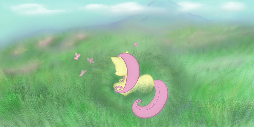 butterflies equine female fluttershy_(mlp) friendship_is_magic meadow mountain my_little_pony pegasus skrakablam