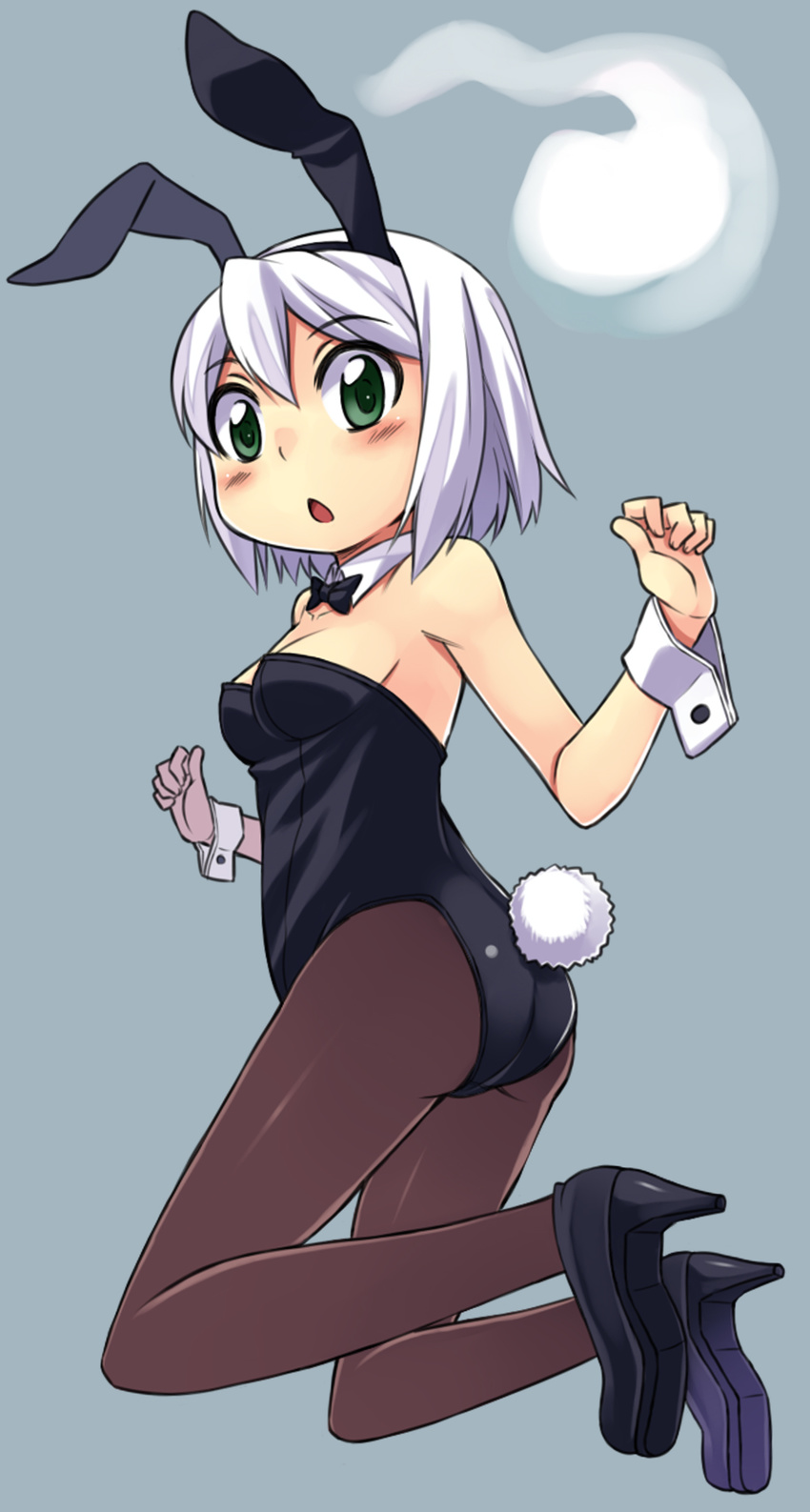 :o animal_ears ass black_legwear bunny_ears bunny_tail bunnysuit chacha_(tyatya) fake_animal_ears high_heels highres konpaku_youmu konpaku_youmu_(ghost) pantyhose shoes short_hair silver_hair solo tail touhou white_hair wrist_cuffs