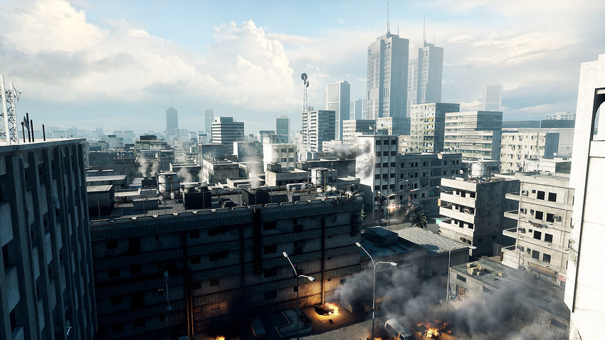 bad_id bad_pixiv_id battle battlefield_(series) battlefield_3 building butaneko city cityscape damaged fire highres jpeg_artifacts mecha no_humans realistic science_fiction skyscraper wallpaper wreckage