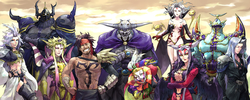 6+boys androgynous areolae armor black_armor blonde_hair breasts brown_hair cape cefca_palazzo center_opening chest_tattoo cleavage closed_eyes cloud_of_darkness crossed_arms dissidia_final_fantasy emperor_(ff2) everyone exdeath facial_hair facial_mark final_fantasy final_fantasy_i final_fantasy_ii final_fantasy_iii final_fantasy_iv final_fantasy_ix final_fantasy_v final_fantasy_vi final_fantasy_vii final_fantasy_viii final_fantasy_x garland_(ff1) golbeza grey_hair grin hand_on_hip hands_on_hips head_in_hand headband helmet horns jecht kuja long_image math-major medium_breasts midriff multiple_boys multiple_girls muscle one_eye_closed scar sephiroth silver_hair single_bare_arm sky smile tattoo tentacles tongue tongue_out topless ultimecia white_hair wide_image wings
