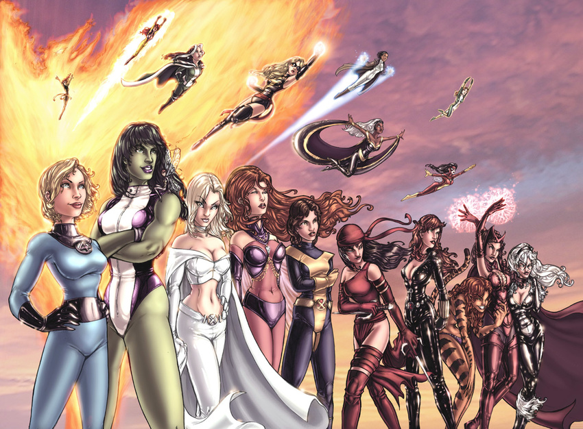 avengers bare_shoulders belt bikini black_cat black_cat_(marvel) black_widow blonde boots brotherhood_of_evil_mutants brown_hair cape costume dagger daggers dark_skin detachable_sleeves elektra elektra_(marvel) emma_frost fantastic_four fire firestar flying gesture gloves green_eyes green_skin homo_superior invisible_woman jean_grey kitty_pryde long_hair marvel mask melee_weapon minigirl mizugi monica_rambeau ms_marvel mutant name_characters navel ororo_munroe pantsu phoenix pulsar red_hair rogue scarlet_witch shadowcat she_hulk shehulk short_hair spider-woman storm_(marvel) storm_(x-men) super_heroine superheroines tigra transparent_clothing uniform wasp white_hair wings x-men