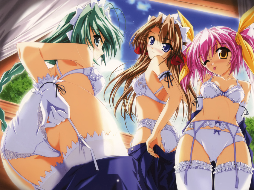 3girls bra garter_belt gloves maid-san_she_see pantsu ponytail thighhighs twin_tails yukirin