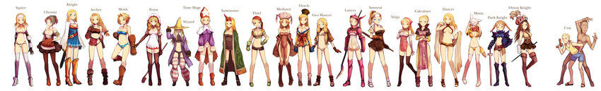 :d :o absurdres adapted_costume archer_(fft) arithmetician_(fft) armor bad_feet bag bare_shoulders belt bikini_armor black_mage black_mage_(fft) blonde_hair blue_eyes blush boots bra braid breasts brown_eyes brown_hair brown_legwear cape chemist_(fft) dancer_(fft) dark_knight_(fft) dragoon_(fft) elbow_gloves everyone final_fantasy final_fantasy_tactics frills gauntlets geomancer_(fft) gloves greaves gun hand_on_hip hands_on_hilt hat headband helmet highres horn kara_(color) katana knight_(fft) leg_up legs lingerie long_hair long_image medium_breasts mime_(fft) monk_(fft) multiple_girls mystic_(fft) ninja_(fft) onion_knight onion_knight_(fft) open_mouth orator_(fft) panties pantyhose polearm ponytail red_eyes samurai_(fft) sandals shoes short_hair shorts simple_background smile spear squire_(fft) staff striped striped_legwear summoner_(fft) sword tabi thief_(fft) thigh_boots thighhighs time_mage time_mage_(fft) twin_braids twintails underwear weapon white_legwear white_mage white_mage_(fft) wide_image witch_hat yellow_eyes zettai_ryouiki