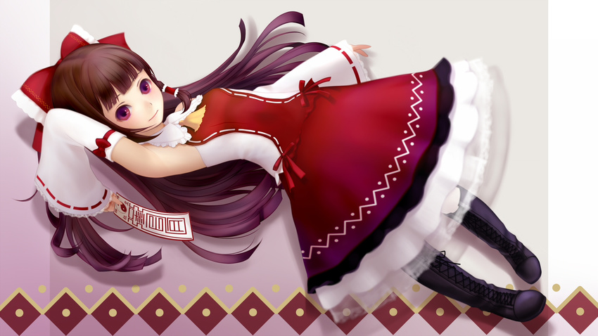 arm_up armpits ascot boots bow brown_eyes brown_hair cross-laced_footwear detached_sleeves dress hair_bow hakurei_reimu highres lace-up_boots ofuda purple_eyes solo touhou yori_(shitsuon)