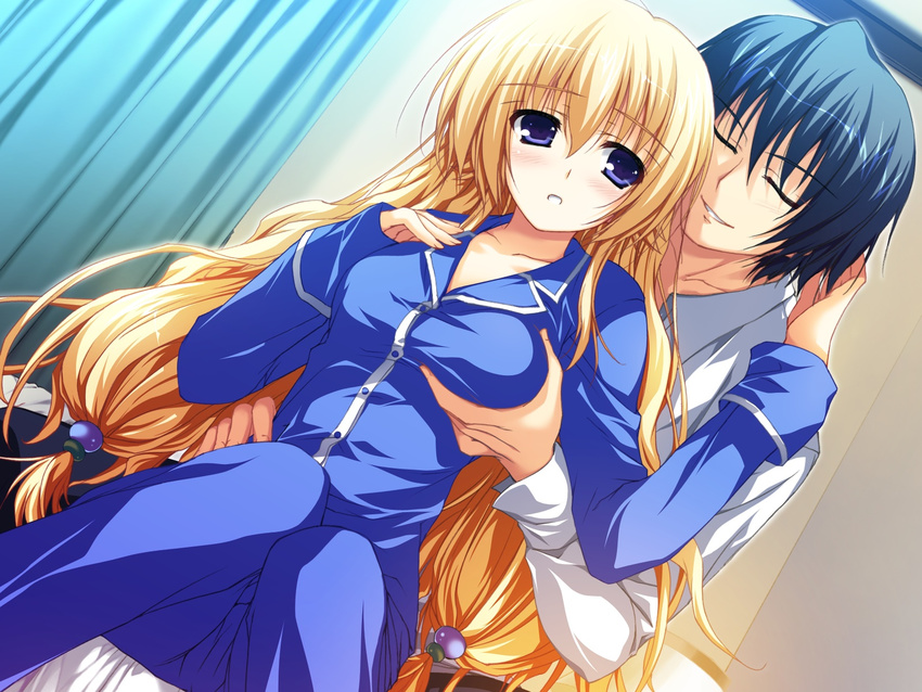 akatsuki_no_goei breast_grab game_cg kurayashiki_tae mugenkidou pajamas tomose_shunsaku