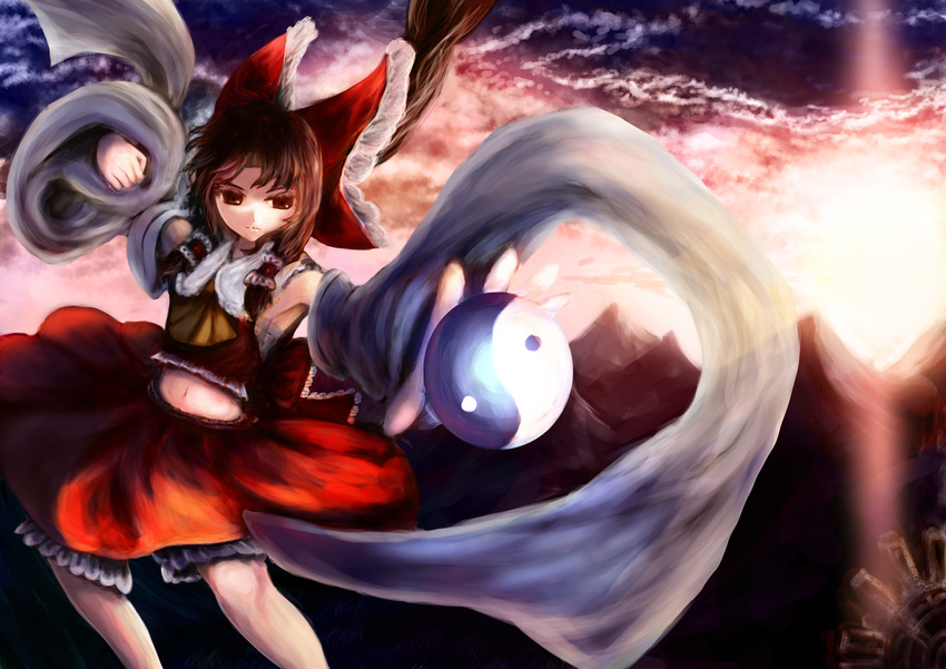 ascot bad_id bad_pixiv_id bow cloud detached_sleeves dress hakurei_reimu helrouis mountain orb solo sunset touhou