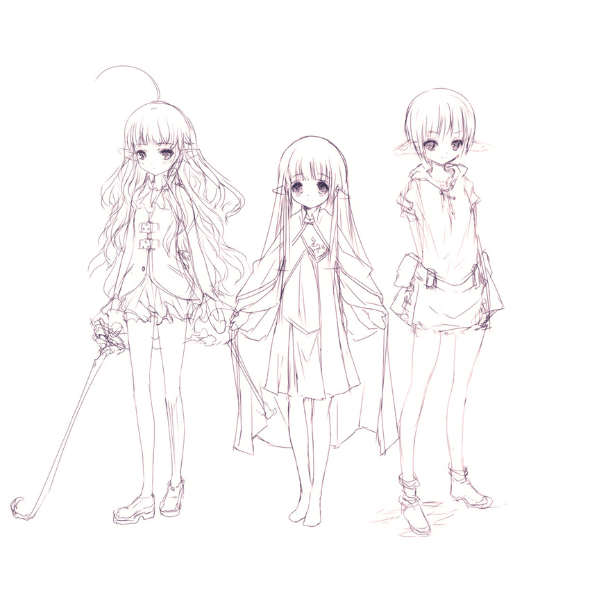 3girls elf highres hitomaru long_ears monochrome multiple_girls pointy_ears shrine sketch weapon