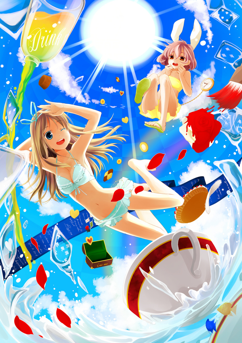 ahira_yuzu alice_(wonderland) alice_in_wonderland animal_ears barefoot bikini blonde_hair blue_eyes bow breasts bunny_ears cleavage hair_bow highres long_hair medium_breasts multiple_girls navel one_eye_closed orange_eyes personification pink_hair sandals short_hair summer swimsuit water white_rabbit