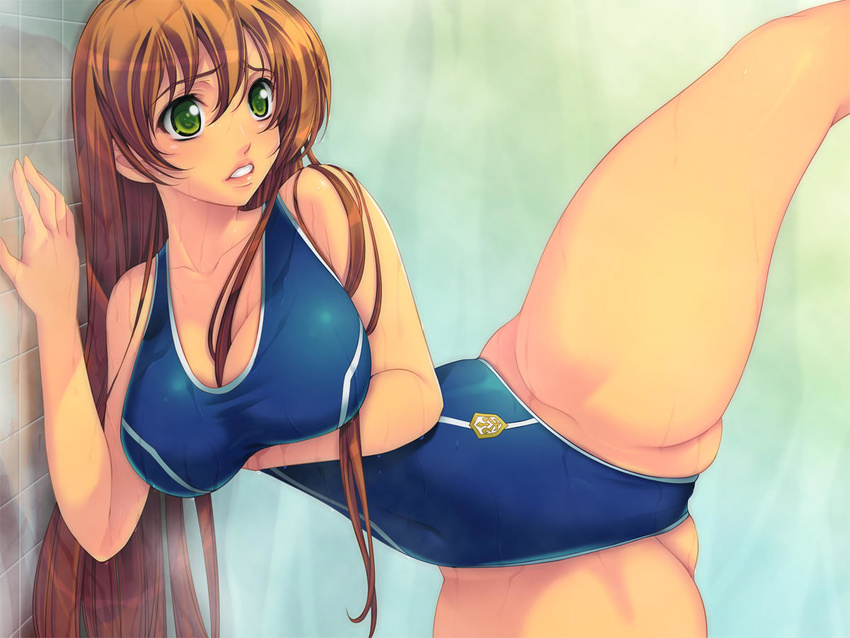bare_shoulders between_breasts breast_hold breast_lift breasts brown_hair clavicle cleavage green_eyes highleg highleg_swimsuit large_breasts leg_up lips long_hair mizugi navel oppai shirley_fenette shower spread_legs thighs wet