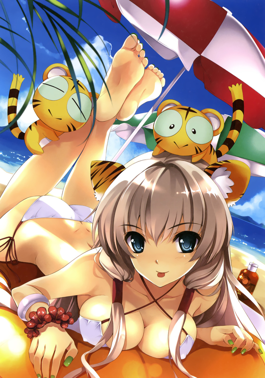 :p absurdres animal_ears barefoot beach bikini breast_squeeze breasts butt_crack cleavage covered_nipples cradle_(artist) day feet hands highres kotora_(toranoana) large_breasts long_hair long_toenails lying misaki_kurehito nail_polish on_stomach outdoors side-tie_bikini smile soles solo string_bikini swimsuit the_pose tiger tiger_ears toenails tongue tongue_out toranoana