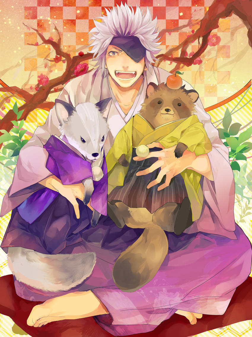 animalization bad_id bad_pixiv_id barefoot checkered checkered_background chousokabe_motochika_(sengoku_basara) eyepatch food food_on_head fox gradient gradient_background highres indian_style ishida_mitsunari_(sengoku_basara) japanese_clothes kimono male_focus megane_(artist) object_on_head open_mouth red_background sengoku_basara sitting solo spiked_hair tanuki tokugawa_ieyasu_(sengoku_basara) white_hair yellow_background