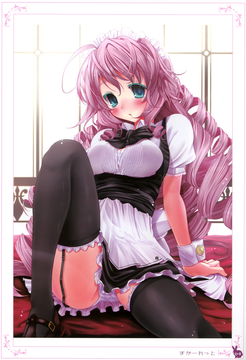 absurdres aqua_eyes black_legwear bra breasts cleavage copyright_request dress drill_hair frilled_legwear garter_straps highres lace lace-trimmed_bra maid maid_headdress medium_breasts open_clothes open_shirt panties pantyshot pink_hair scarlet_(studioscr) shirt shoes solo spread_legs thighhighs unbuttoned underwear white_bra white_panties window wrist_cuffs