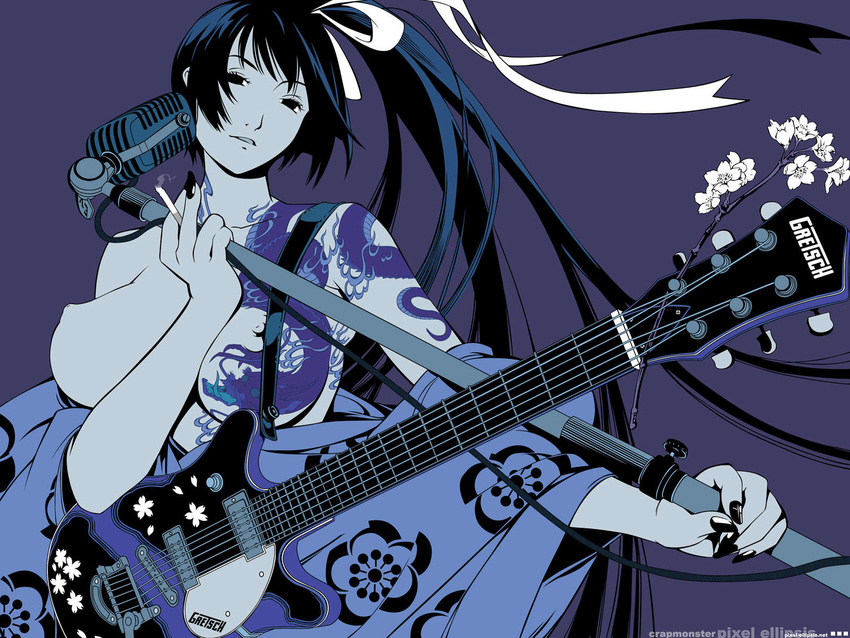 cherry_blossoms cigarette flower guitar long_hair microphone musical_instrument natsume_aya nipples oh!_great oppai smoking solo tattoo tenjou_tenge topless