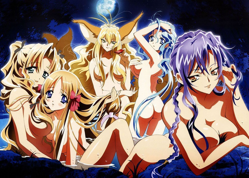 animal_ears aqua_eyes arm_up artbook ass azuma_hatsumi blonde_hair blue_eyes blue_hair blush bow braid breast_hold breasts brown_hair cleavage convenient_censoring covering covering_breasts cup fox_ears full_moon green_eyes hair_bow hair_censor hair_over_breasts hair_ribbon hand_in_hair highres holding large_breasts long_hair looking_at_viewer low-tied_long_hair moon multiple_girls nishida_asako nude onsen open_mouth outdoors partially_submerged purple_eyes purple_hair ribbon sakazuki scan seiren_(yamibou) sideboob sidelocks single_braid sitting smile standing sumeragi_youko tail tree very_long_hair wading water wet yami_to_boushi_to_hon_no_tabibito yellow_eyes