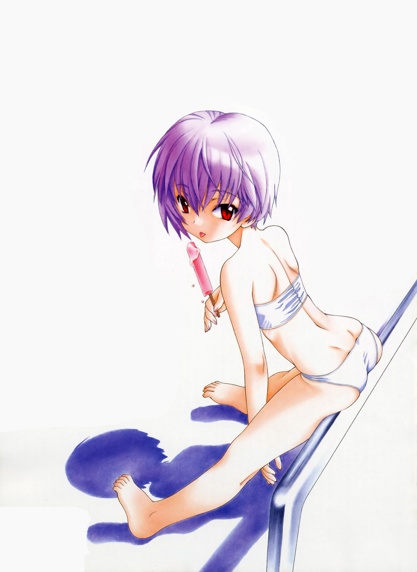 absurdres ayanami_rei back bandeau barefoot bikini feet food highres looking_back neon_genesis_evangelion neon_genesis_evangelion_anima non-web_source pole popsicle purple_hair ramiya_ryou red_eyes rei_six sexually_suggestive shadow short_hair solo strapless swimsuit toe_scrunch toenails toes tongue tubetop utatane_hiroyuki