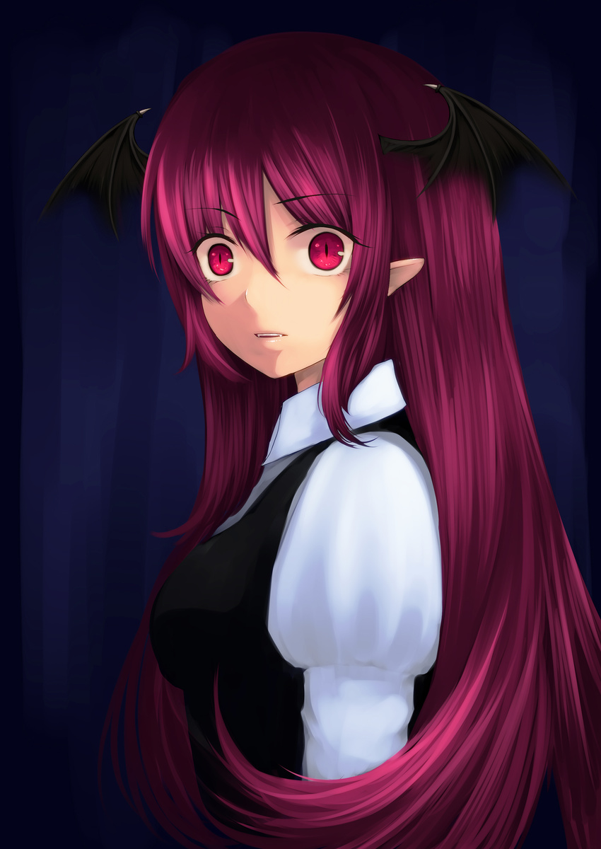 absurdres bad_id bad_pixiv_id bat_wings dress_shirt face fangs geike head_wings highres koakuma long_hair pointy_ears red_eyes red_hair shirt simple_background slit_pupils solo touhou very_long_hair vest wings