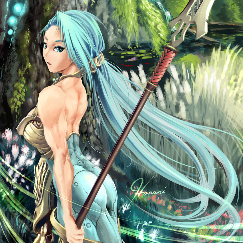 alf874 ass backless_outfit blue_eyes blue_hair bodysuit exalted forest highres long_hair looking_back muscle muscular_female nature original polearm solo spear very_long_hair weapon